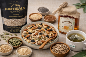 eatreals healthy cereal in a bowl with sidr honey and seeds and nuts